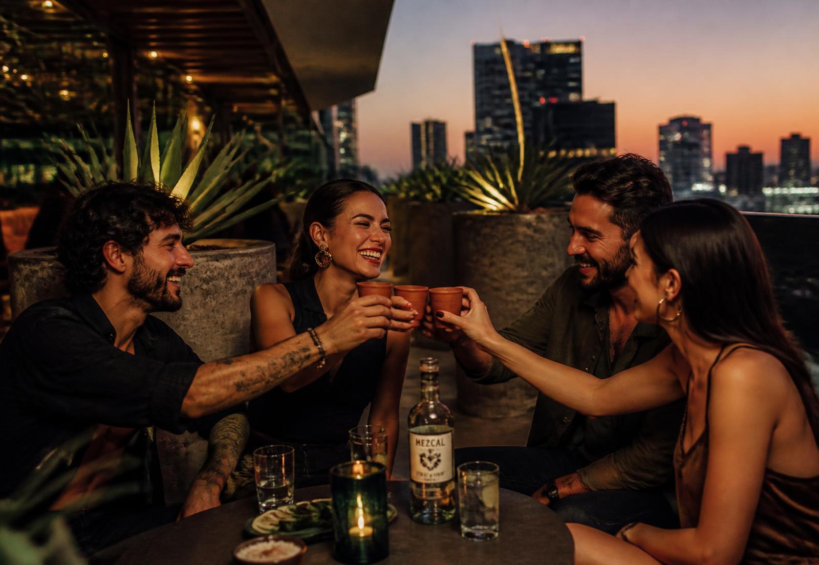 Friends toasting with small copitas of mezcal at a modern rooftop bar at dusk